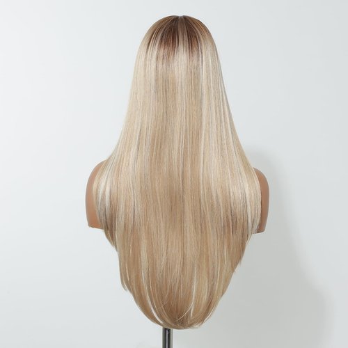 testar Long Straight Ombre Brown Blonde Wigs for White Women Synthetic Middle Part Layers Lace Front Wig for Daily Use Closure Natural Hairline 26 IN