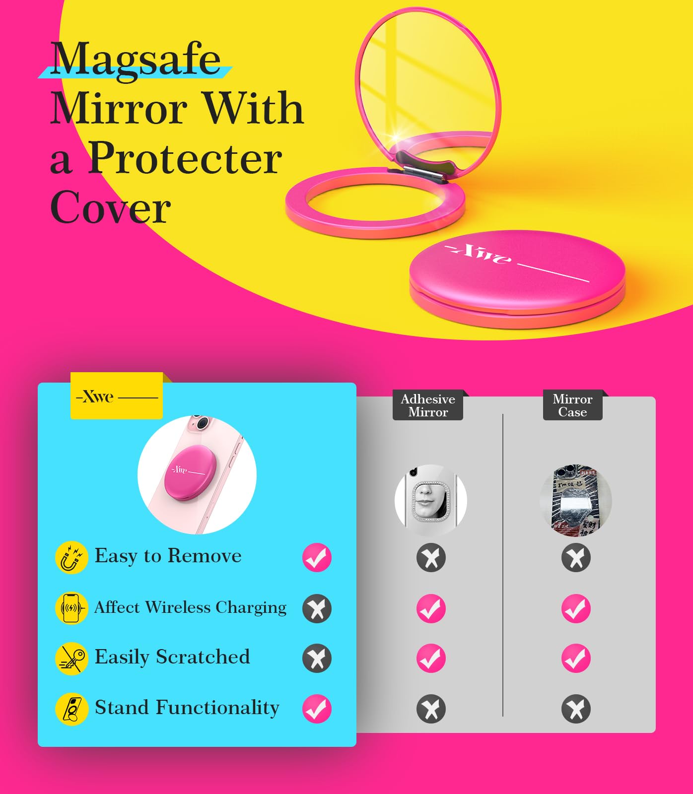 XWE Cell Phone Stand Compatible with Magsafe Mirror Mount [Anti-Scratch & Portable] Girls Women Magnetic Travel Makeup Mirror Desk Fits for iPhone 16/15/14/13/12 Plus Pro Max (Fuchsia)
