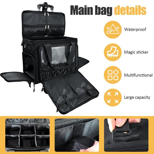 BatlFrist Rolling Cosmetic Bag with 4 Removable Bags,Professional Cosmetic Bag with Brushes Storage Section.Cosmetic Bag with Detachable Dividers (Patent Design)(Black)