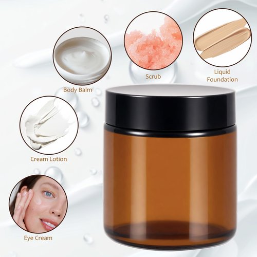 48 Pack 4oz Amber Glass Jars with Lids, Airtight Containers with Liners Lid for Cosmetics, Travel, Lotions Powder, Onitments Candle Making, DIY | Leak-Proof, Reusable (4OZ)