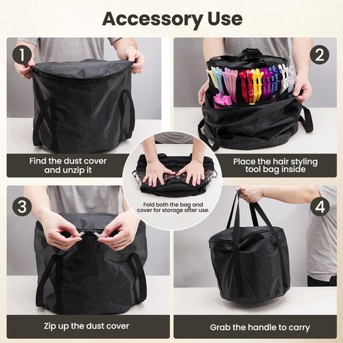 PUMHUBO Hairstylist Travel Bag, with Dust Cover, 11L Large Capacity, Heat-Resistant Interior, Clear Pockets, 24 Hook-and-loop Slots, Top Drawstring, Makeup & Pet Grooming Supplies Organizer