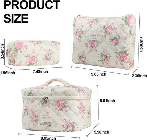 Skiennix Cute Makeup Bag Set - Quilted Floral Travel Cosmetic Organizer (3 Pcs, Pink Flower)