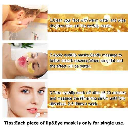 Jakuva 30 Pairs Lip Masks & Eye Masks,Gold Under Eye Patches for Puffy,Peach Red Lip Masks Skincare,Effectively Moisturizing Facial Skin, Anti-Aging, Reducing Fine Lines, Nourishing for Face Care
