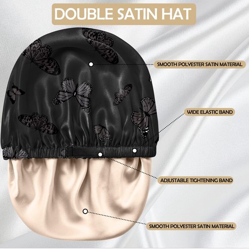 BHAHB Satin Hair Bonnet Silk Bonnet for Sleeping Double Layer Elastic Adjustable Caps Reusable Cute Aesthetic for Women Girls-Black Butterfly