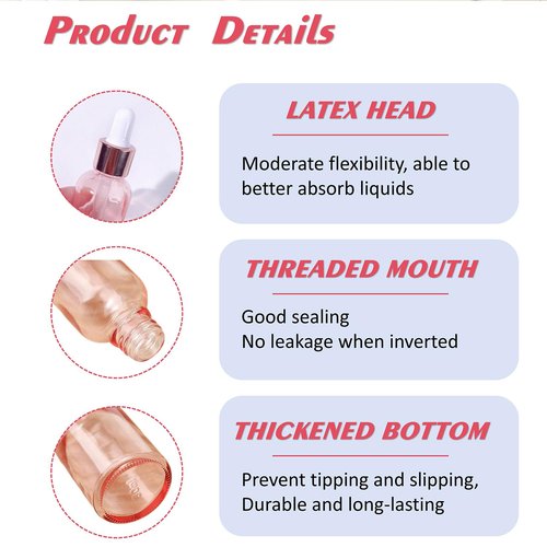 ROHIJALE 8Packs 1OZ/30ml Pink Glass Dropper Bottles For Essential Oils Glass Eye Dropper Bottle with Rosegold Top and Pipettes Pink Lab Dropping Dispenser Bottles For Travel Cuticle Massage Perfume