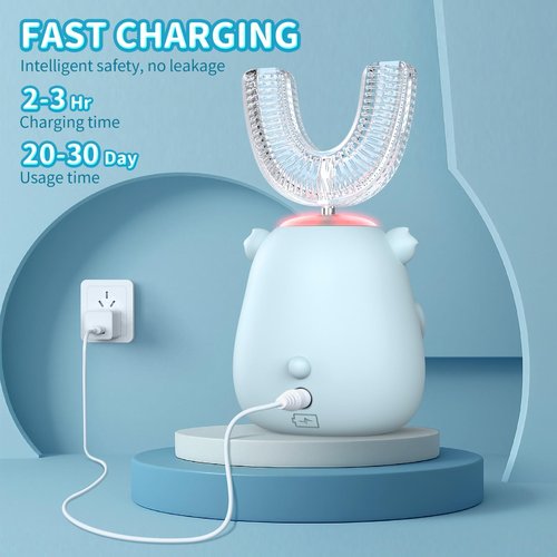 QDCYP Kids U Shaped Electric Toothbrush, Automatic 360° Sonic Cleaning, 6 Modes, 4 Brush Heads, Cute Cartoon Koala Design (2-6 Age (Grey Blue))