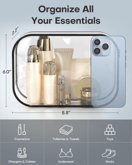 HOTOR Clear Toiletry Bag for Men & Women - TSA Approved Travel Essentials, Waterproof PVC Zippered Makeup Bag for Gym, Airplane & Daily Use, 8.8" x 6.0" x 2.2", 2 Packs