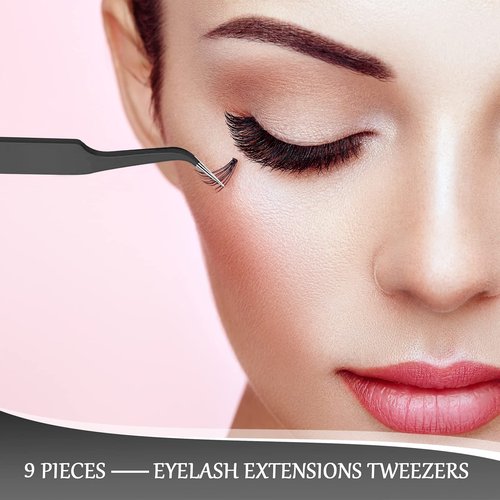 Honoson 9 Pieces Curved Pointed Craft Tweezers Stainless Steel Precision Tweezer with Protective Cover for Rhinestones Dried Flowers Craft Stickers Eyelash Extension Jewelry Making(Black)