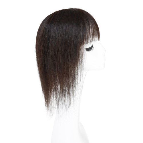 Maweilar Middle Part Clip In Human Hair Hair Topper With Bangs, Clip in Human Hair Toppers Seamless Hairpiece for Women Thick Silk Base Topper for Thicking Hair (Dark Brown, 5.1"x 5.1", 12")