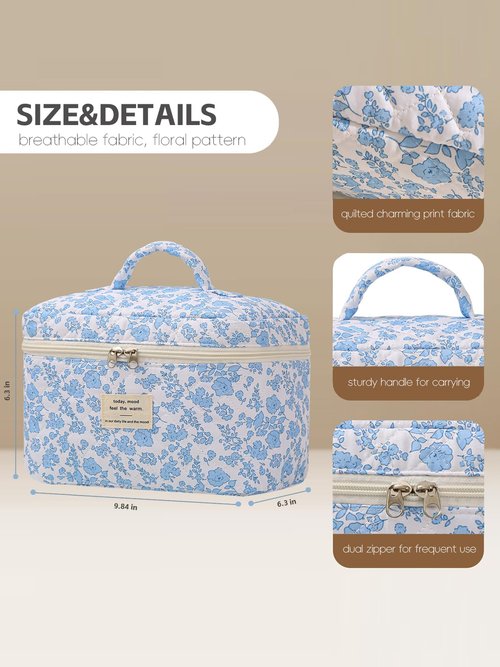 SSTAIBAO Large Travel Quilted Makeup Bag for Women Girls, Floral Cosmetic Bag, Cute Coquette Aesthetic Flowers Toiletry Organizer Bag Blue Flower