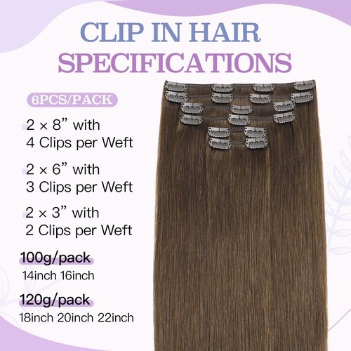 Sindra Human Hair Clip in Hair Extensions, 4 Chocolate Brown Clip in Hair Extensions Real Human Hair for Women, 14inch 100g 6Pcs Remy Natural Human Hair