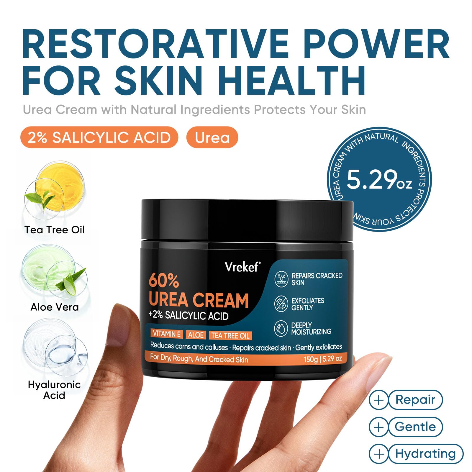 VREKEF Urea Cream 60% Plus Salicylic Acid 2%, Urea Cream 60 Percent for Feet Maximum Strength, Foot Cream for Dry Heels Cracked