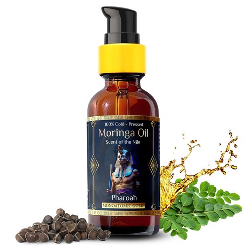 Pharoah - Men's 100% Pure Moringa Oil Blended with Leather, and Sweet Tobacco Essential Oils and Infused with Egyptian Ormus Gold for Face, Hair, Nails, Beard, and Tattoos. 2oz. (60 ml)
