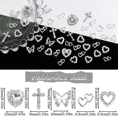 42PCS Silver Nail Charms Crystal Heart Nail Charms 3D Alloy Cross Nail Charms Metal Butterfly Charms Nail Gems Rhinestones for Women Nail Art and DIY Crafts, Small
