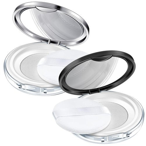 Cunhill 2 Pcs Loose Powder Container with Puff 0.17/0.7 oz Reusable Plastic Portable DIY Makeup Empty Powder Case with Mirror and Net Sifter(Silver, Black)