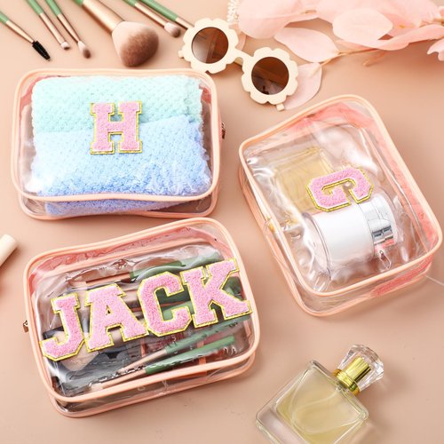 Huhumy 12 Personalized Initial A-z Preppy Patch Clear Makeup Bag Initial Letter Beach Travel Toiletry Cosmetic PVC Bag DIY Chenille Letter Patches Easter Exchange Gifts(Pink, Pink Letters)