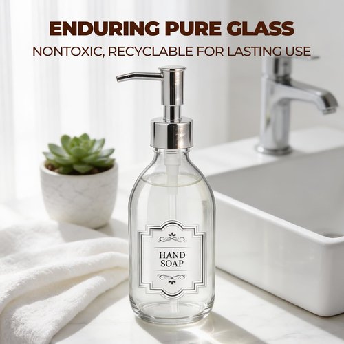 Homepicker 8 oz Clear Glass Pump Bottle, 250ml Small Lotion Dispenser Bottle for Body Massage Oil, Refillable Empty Hand and Dish Soap Dispensers Set with Plastic Silver Pump, Labels - 2 Pack