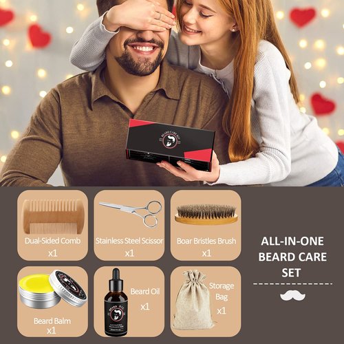 Valentines Gifts for Him, Beard Kit for Men, Beard Growth and Grooming Kit w/Beard Oil Beard Balm Beard Brush Beard Comb Beard Scissors, Christmas Birthday Gifts for Men Husband Grandpa Boyfriend Son