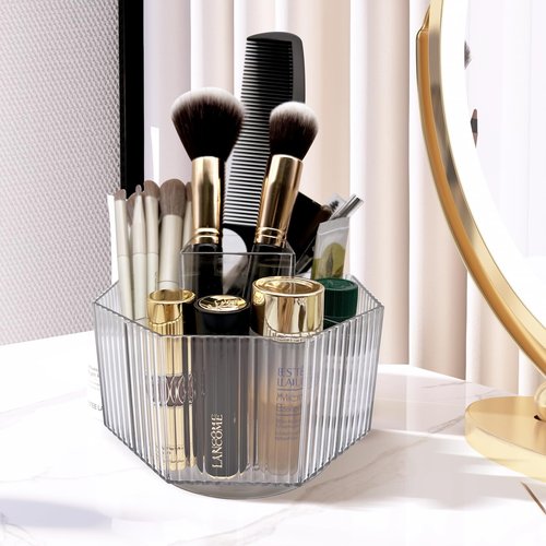 LiteTour Crystal Pink 360° Rotating Makeup Brush Organizer, Multi-Compartment Storage for Skincare, Cosmetic Tools, Vanity, Desk, Stationery, Pens, Office & Countertop Organizer for Bathroom & Home