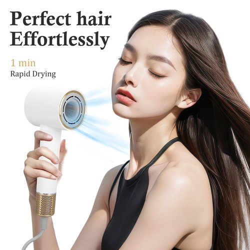 Hair Dryer,110000 RPM High-Speed Brushless Motor,GFCI Safety Plug--For high humidity,Negative Ionic Fast Drying, Low Noise,Thermo-Control Hair-Dryer-with-LED Display and Nozzle (White)