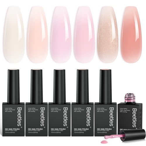 Beetles Jelly Gel Nail Polish Set - 6 Colors Nude Pink Gel Polish Kit Neutral Shimmer Translucent Sheer Gel Soak off Uv Nail Concealer Peach Juice Collection French Nail Art Manicure Gift for Women