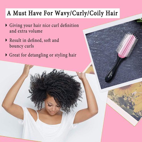 KTKUDY 9 Row Defining Brush - Detangling Blow-Drying Tool for Thick, Wavy & Coily Hair | Black & Pink