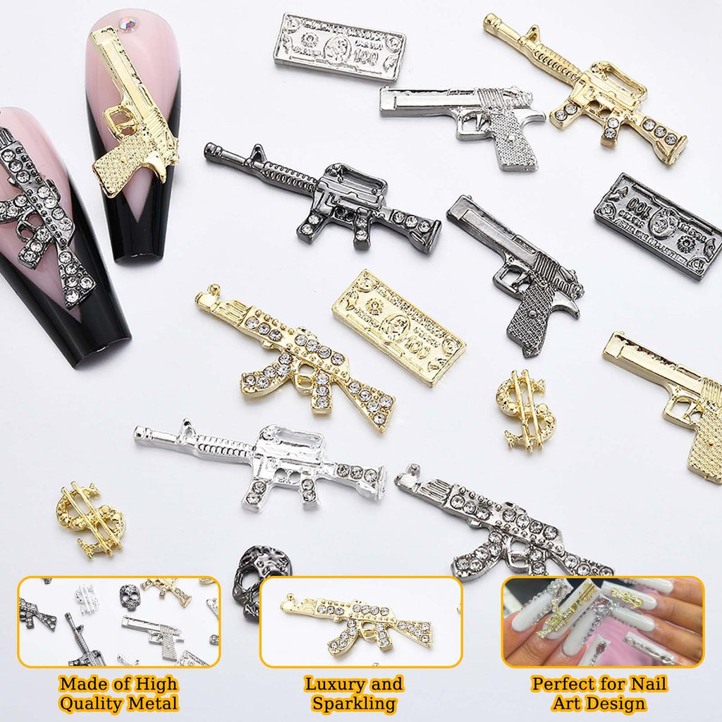 ZUMILLMN 63PCS 3D Nail Charms - Gold Alloy Dollar, Gun & Coin Charms, Shiny Nail Rhinestones for Nail Art, Manicure, DIY Jewelry Making(Gold、Silver、Black)