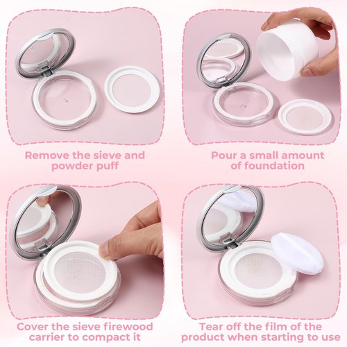 Skiennix Loose Powder Containers - 2 PCS Reusable Travel Makeup Containers with Puff & Mirror, 0.18oz