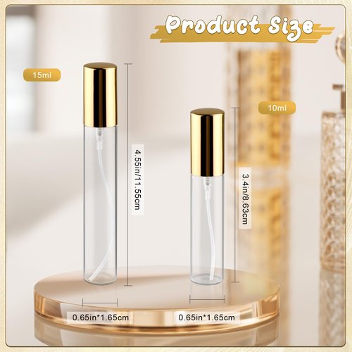 BOSMIOW 25Pcs 10ml Clear Glass Perfume Sample Vials with Golden Pump Head,Mini Empty Fine Mist Atomizer,Portable Essential Oils Spray Bottle,Travel Size Cosmetic Containers