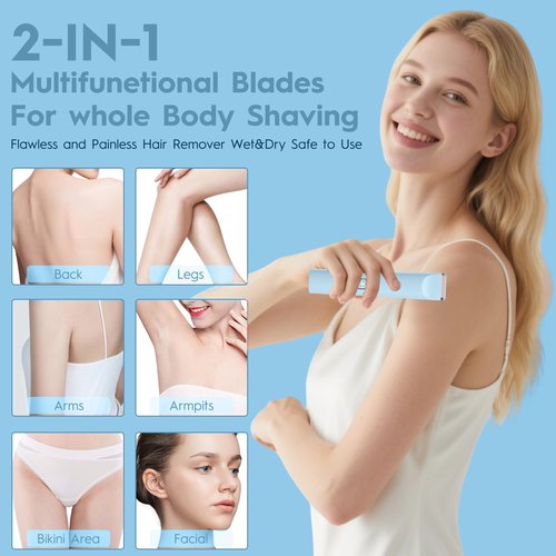 2-in-1 Women's Electric Shaver & Bikini Trimmer – IPX7 Waterproof for Face, Legs, Underarms – Wet/Dry Use – Cordless Hair Removal for Sensitive Skin (Blue)