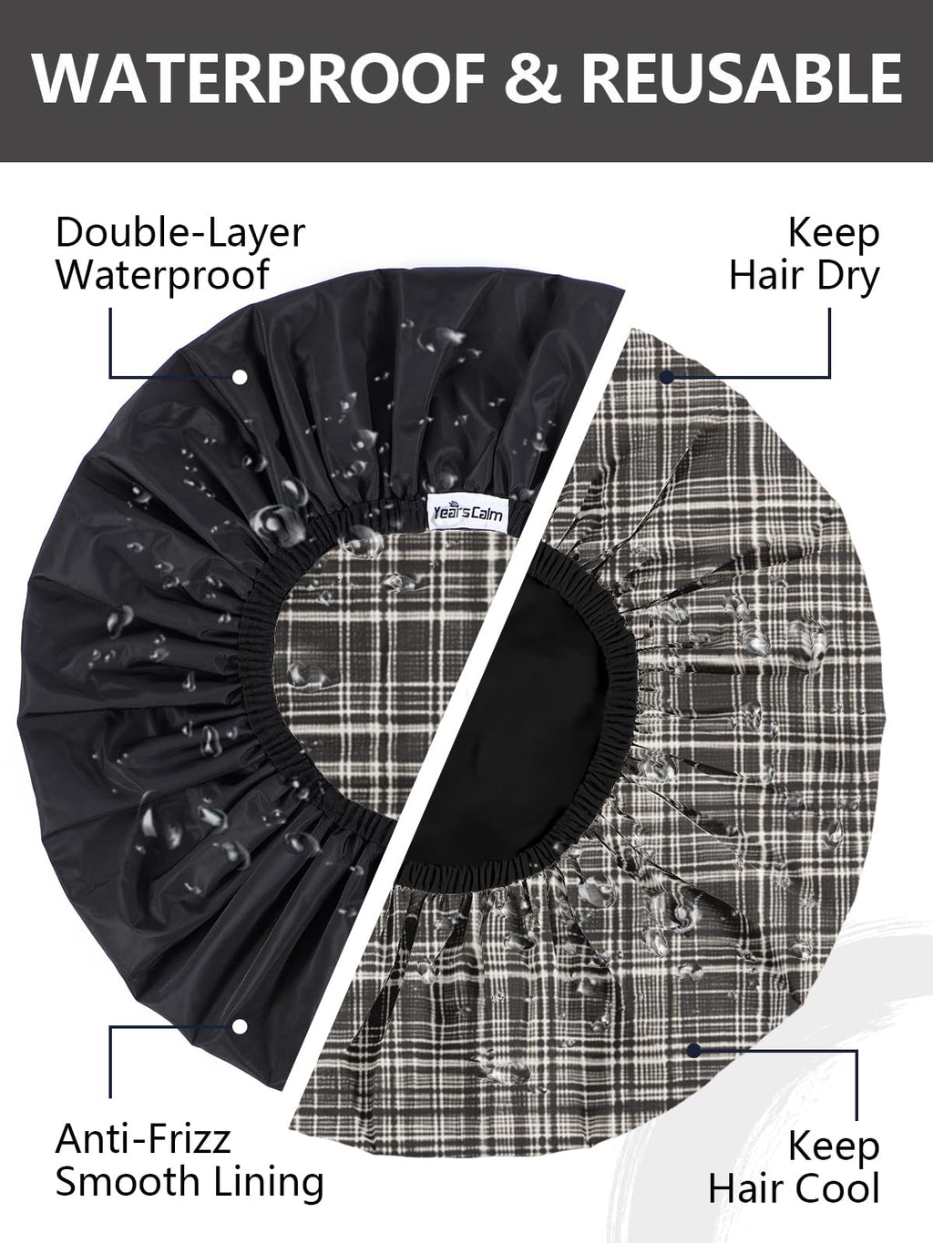 Years calm Men Shower Cap Reusable Waterproof, Dual-Layer Design, Double-Sided Use,Protects Hair in Shower, Spa, Travel & Cooking, Adjustable Elastic for Comfortable Fit (Black Plaid, One Size)