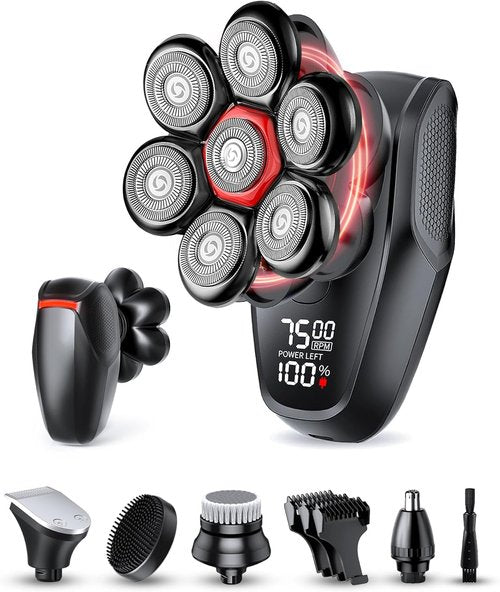 Skiennix 5-in-1 Men's Grooming Kit - 7D Rotary Electric Head Shaver | IPX8 Waterproof, Midnight Black