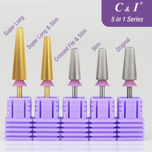 C&I 5 in 1 Nail Drill Bit Super Long Slim Efile Professional Nail Bits Nail Tech Must Have for Extension Nails Acrylic Powder Hard Gel Nail Tip Cuticle Remover Nail Supplies (Double Fine -XXF)