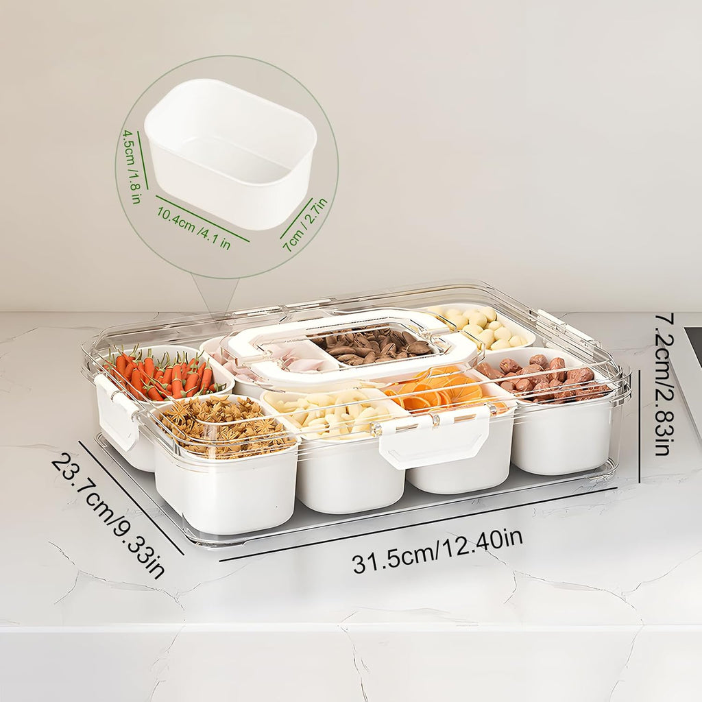 Snackle Box | 8-Compartment Portable Snack Container with Lid & Handle - Clear Serving Tray for Parties