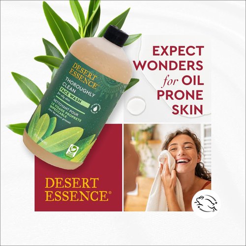 Desert Essence Thoroughly Clean Face Wash with Tea Tree Oil, Castile Soap and Coconut Oil - Organic Facial Cleanser for Sensitive and Oily Skin, Vegan & Cruelty-Free, 32 fl oz
