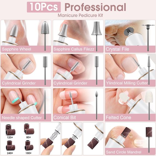 Professional Manicure Pedicure Kit, Cordless Electric Nail Drill with 360° LED light&10 Speeds, Rechargeable Pedicure Tools for feet, Hand Foot Care Nail Drill for Thick Nail Toenail Cuticle Women Men
