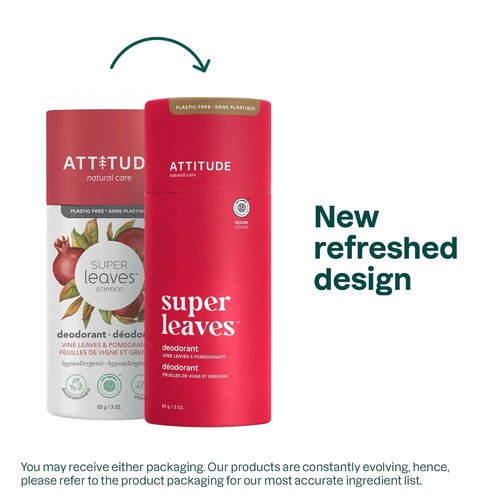 ATTITUDE Plastic-Free Deodorant - EWG Verified, Aluminum-Free, Vegan, Vine Leaves & Pomegranate, 3 Oz
