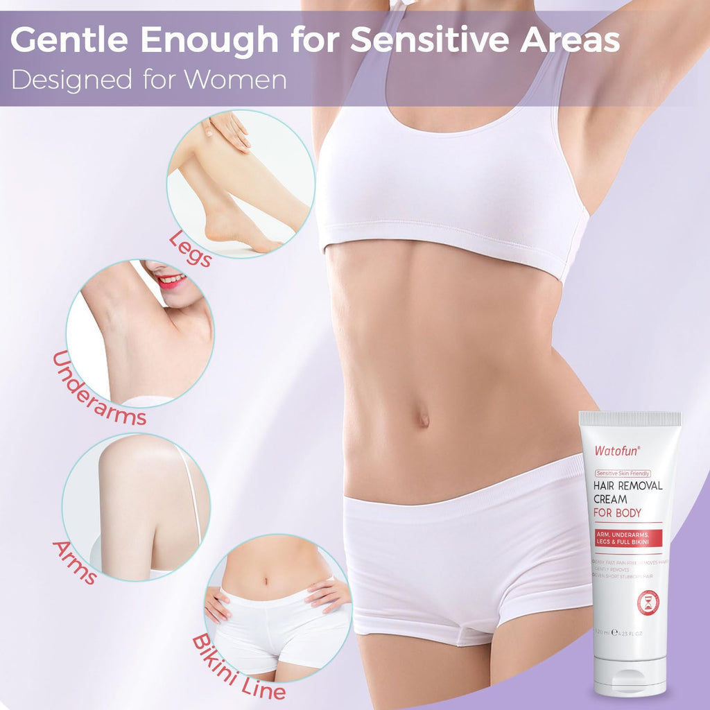 Watofun Body Hair Removal Cream for Women with Aloe Gel for Sensitive Skin, 5 Min Painless Depilatory Cream for Arms, Underarms, Legs, Chest& Bikini Line, hair remover for women 2-in-1 Kit, 6.35 Fl Oz