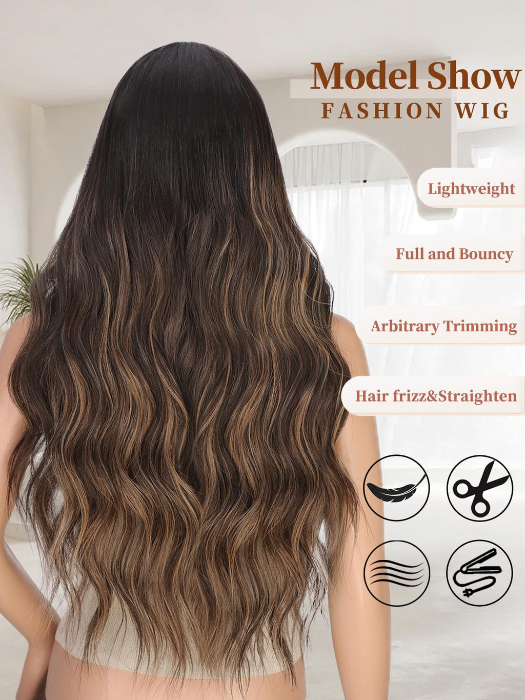 XIXIBI Long Brown Highlights Wigs for Women, Ombre Brown Mixed Blonde Wigs with Black Roots, Synthetic Long Curly Wavy Wigs With Lace Hairline, Heat Resistant Fiber Wig for Daily Party Use