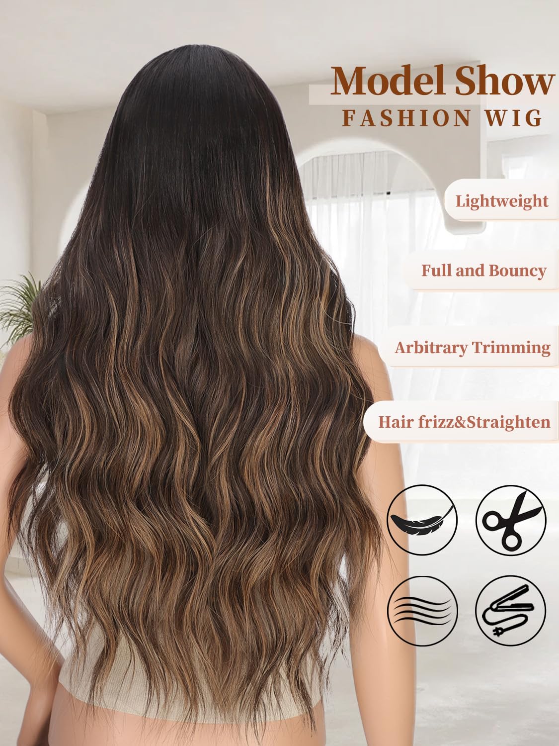 XIXIBI Long Brown Highlights Wigs for Women, Ombre Brown Mixed Blonde Wigs with Black Roots, Synthetic Long Curly Wavy Wigs With Lace Hairline, Heat Resistant Fiber Wig for Daily Party Use