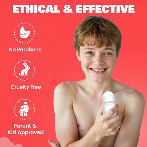 Fresh Kidz Roll On Deodorant for Kids and Teens - Baking Soda and Aluminum-free 24 Hour Protection for Sensitive Skin - Boys "Red" 1.86 fl.oz. (2 Pack)