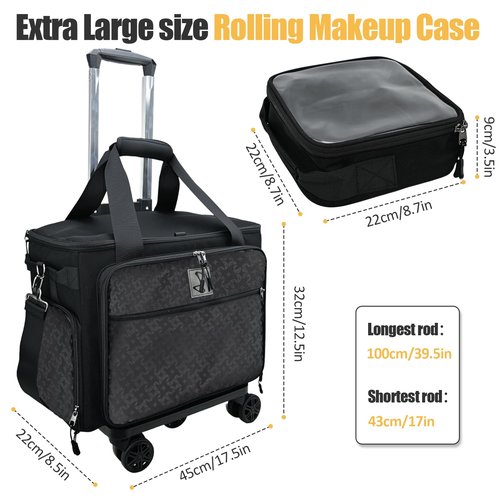 BatlFrist Rolling Cosmetic Bag with 4 Removable Bags,Professional Cosmetic Bag with Brushes Storage Section.Cosmetic Bag with Detachable Dividers (Patent Design)(Black)