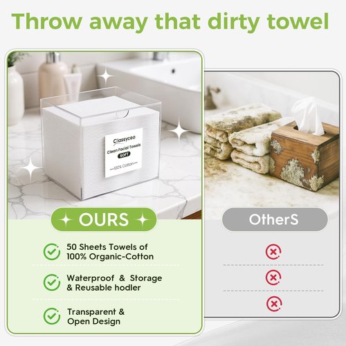 50 PCS Disposable Face Towel Holder, Acrylic Cosmetic Container for Clean Skin Club XL Towel, Makeup Remover Wipes Waterproof Box for Dresser Countertop, Bathroom Storage(Includes Cotton Cloth)