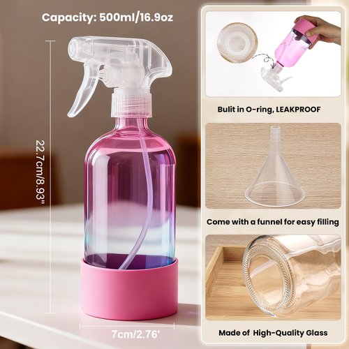 Hethyo Glass Spray Bottles with Silicone Sleeve 16.9oz 2 Pack Empty Spray Bottle for Hair Mist/Stream Spraying Refillable Containers for Cleaning Solutions, Plants (Gradient)