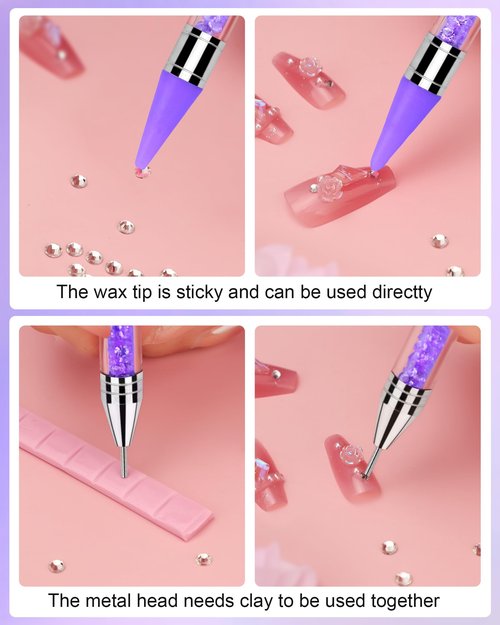 Rhinestone Picker Tool Set,Rhinestone Applicator Tool,Rhinestone Picker Dotting With 4 Extra Purple Replaceable Wax Head and 2 Tweezer (Purple)