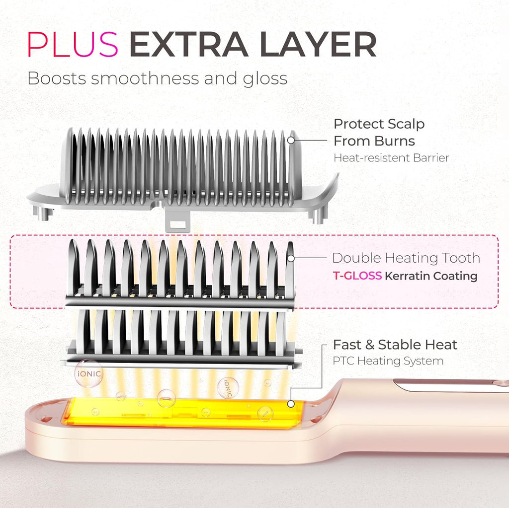 TYMO Ring Plus Ionic Hair Straightener Brush - Professional Titanium Comb with 9 Temp Settings & LED Display, Gold Blush
