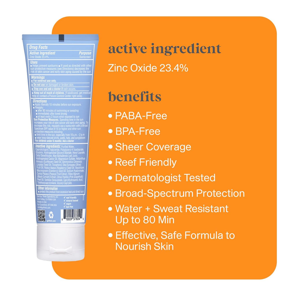 Thinksport SPF 50+ Mineral Sunscreen - Clear Zinc Oxide, Water Resistant & Vegan - 3 Fl Oz, Reef Safe