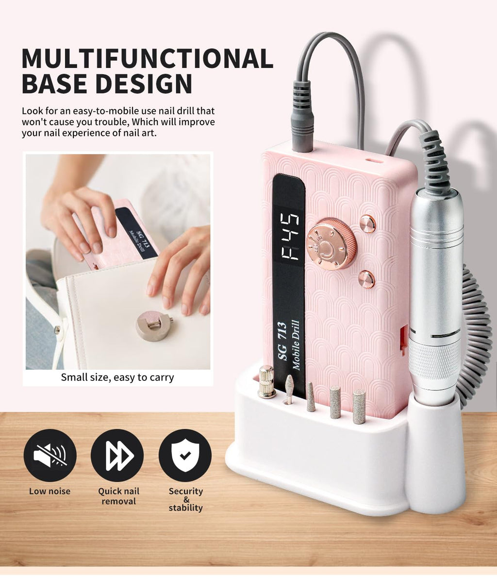 Electric Nail File Professional Kit - Professional 45000RPM Portable Nails Drills Kit with 11 Bits & Base LED Screen Cordless E Filer for Gel Acrylic Nails Remover Home Salon Manicure Pedicure Tools