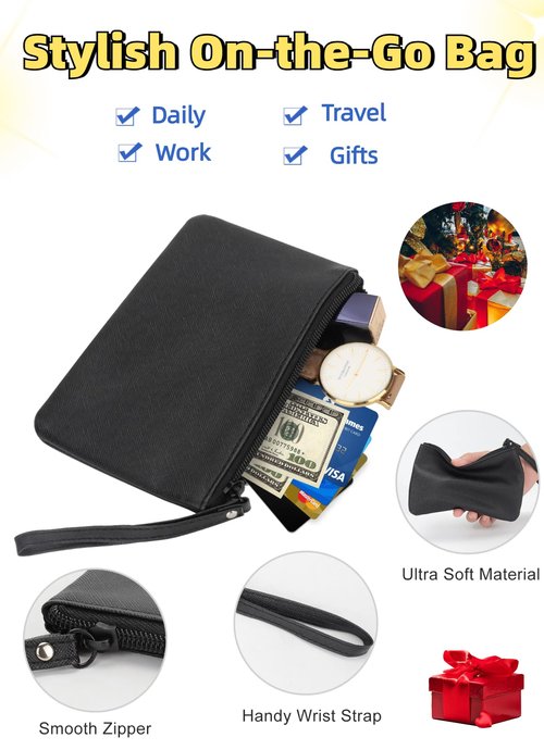 Small Makeup Bag for Purse Mini Cosmetic Pouch Zipper Little Wristlet, Tiny Make Up Organizer Lipstick Feminine Product Car Change Coin Holder for Women, 4.5 x 6.5 Clutch Stadium Approved, 1 Black