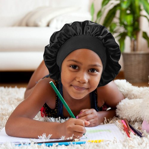 SENGTERM Kids Satin Bonnet Double Layer Wide Elastic Band Sleep Cap Hair Bonnet Silky Night Cap for Toddler Child (Kids Black&Pink)